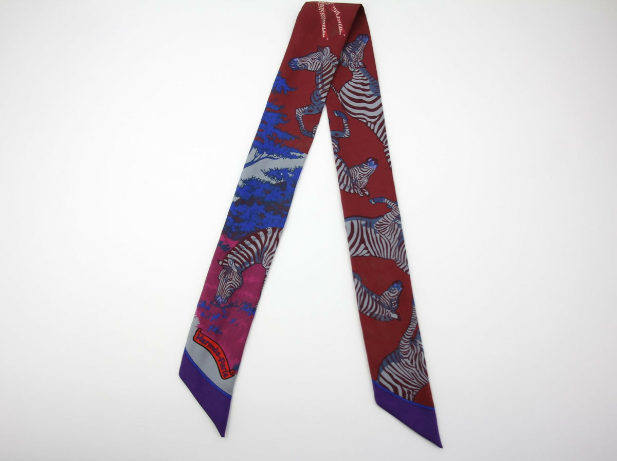 Hermès 100% Silk Bordeaux Violet Les Zébres Twilly Scarf