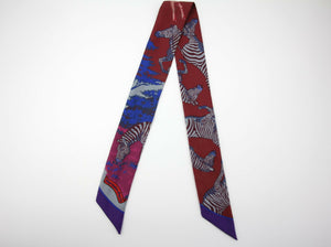 Hermès 100% Silk Bordeaux Violet Les Zébres Twilly Scarf