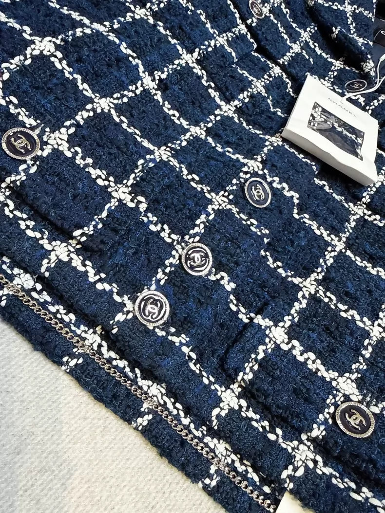 Chanel 24P blue and white check tweed woven collar jacket