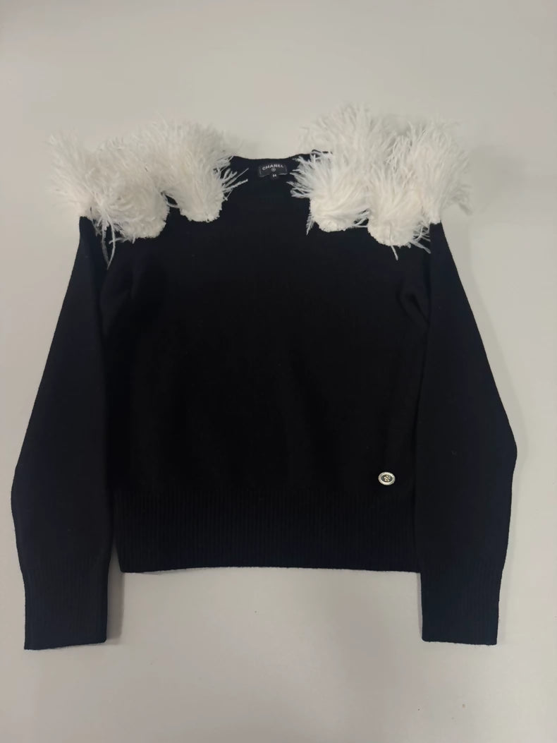 Chanel 23K black sweater with ostrich white feathers