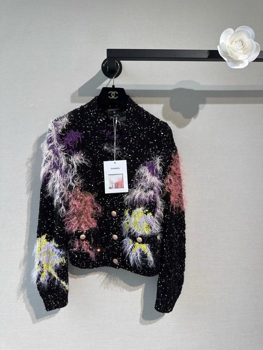 Chanel 24C colorful ostrich feather and sequined knit cardigan