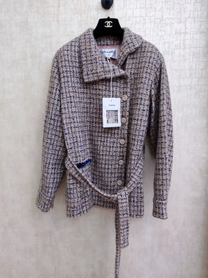 Chanel 24k sequined check lapel belted jacket