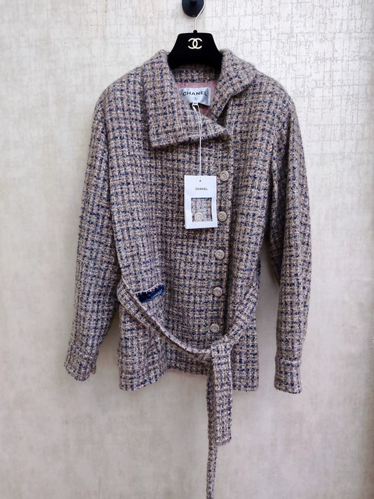 Chanel 24k sequined check lapel belted jacket