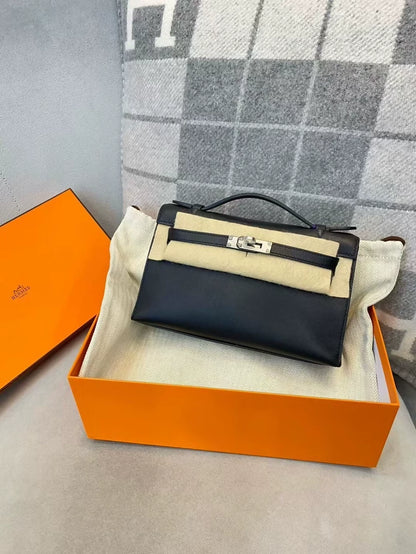 Hermes Kelly pochette black swift leather palladium hardware