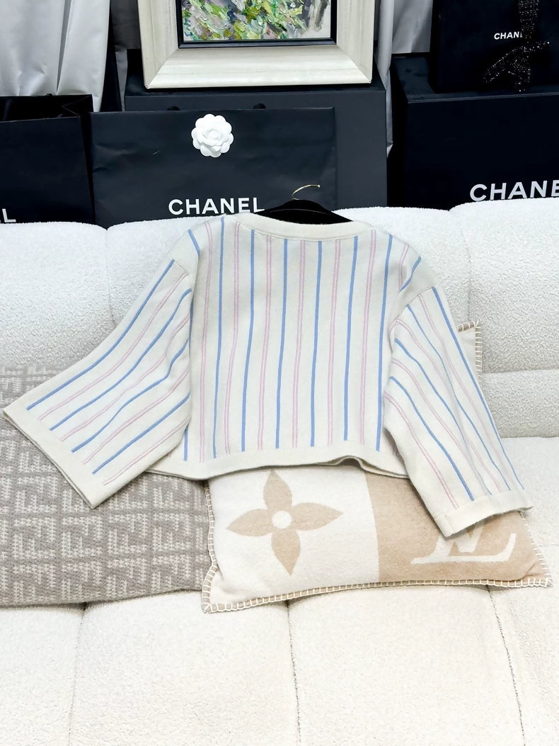 Chanel 23P white, light blue and pink striped knit top