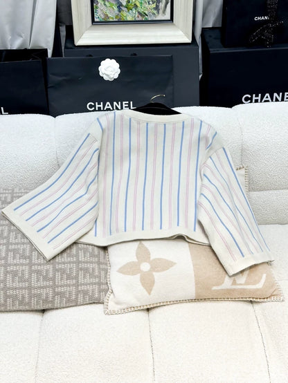 Chanel 23P white, light blue and pink striped knit top
