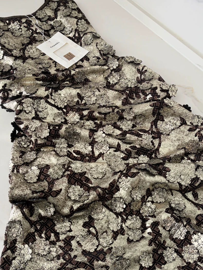 Chanel 25A Black Gold Camellia Embroidered Dress