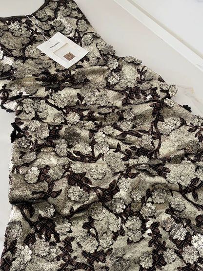 Chanel 25A Black Gold Camellia Embroidered Dress