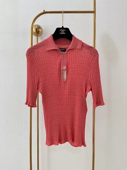 Chanel 22 Orange Rhinestone Button Knit Short-Sleeve T-Shirt