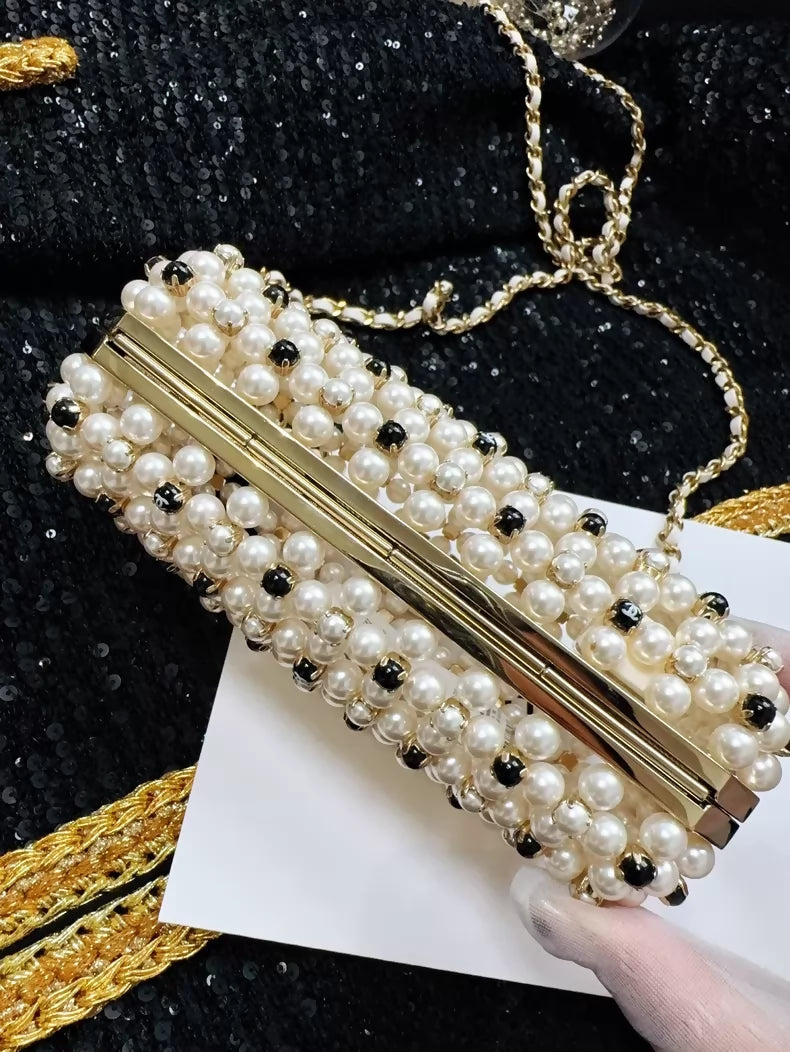 Chanel 23S black and white gold metallic pearls, chain bag