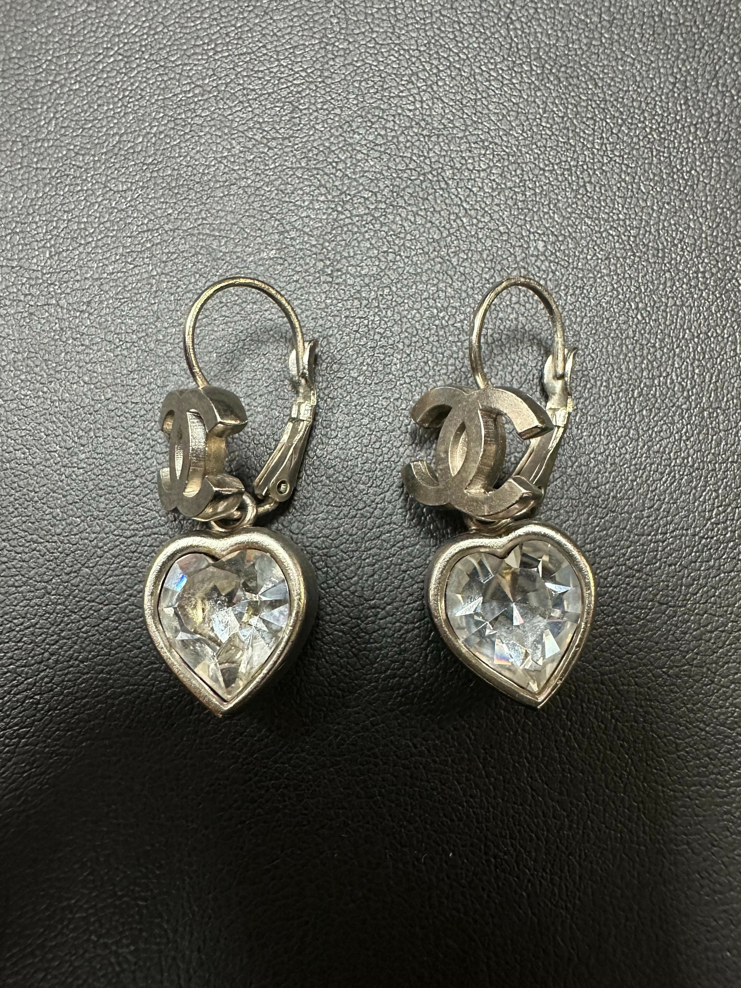 Chanel Vintage 2004 Rhinestone & Sliver Heart CC Dangle Earrings