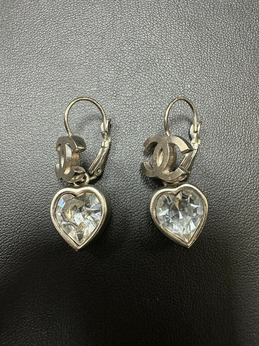 Chanel Vintage 2004 Rhinestone & Sliver Heart CC Dangle Earrings