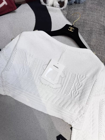 Chanel 20P White Double C Jacquard Knit Off-Shoulder Top