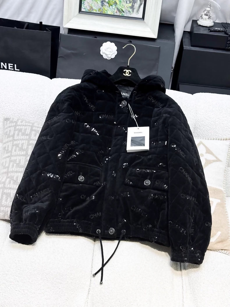 Chanel 22B black velvet sequined logo cotton coat