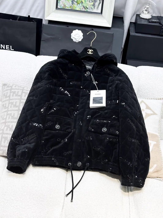 Chanel 22B black velvet sequined logo cotton coat