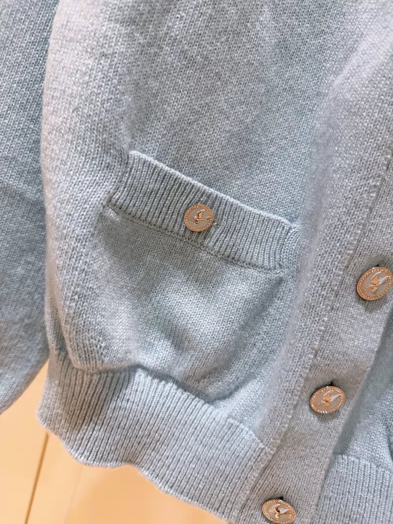 Chanel 25S Spring/Summer Baby Blue Reversible Button Cashmere Knit Cardigan,