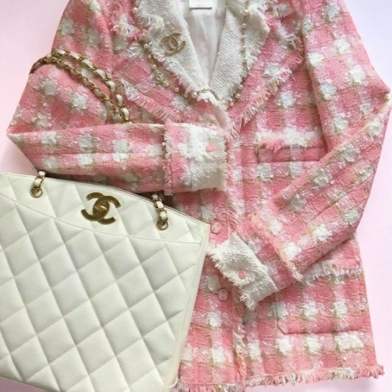 Chanel 04C Pink White Cream Fringe Tweed Checker Jacket FR 42