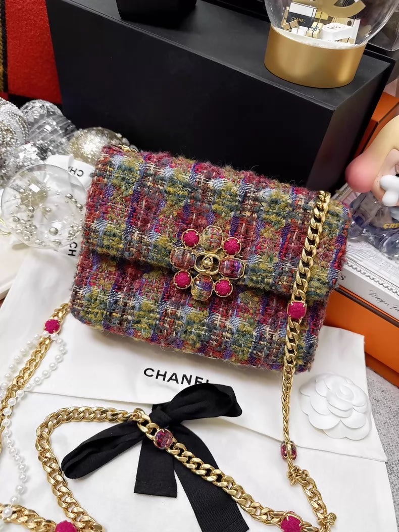 Chanel 22k colorful check tweed square crossbody bag