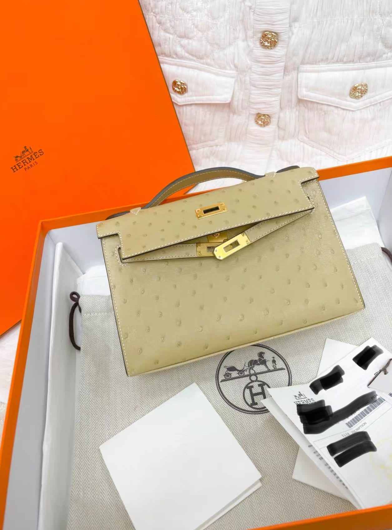 Hermes mini kelly generation ostrich leather S2 gray gold