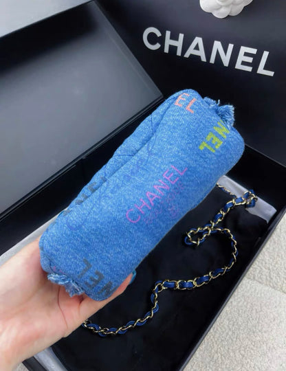 Chanel Blue Denim Logo Printed Quilted Mini Mood Bucket Bag Gold Hardware, 2022