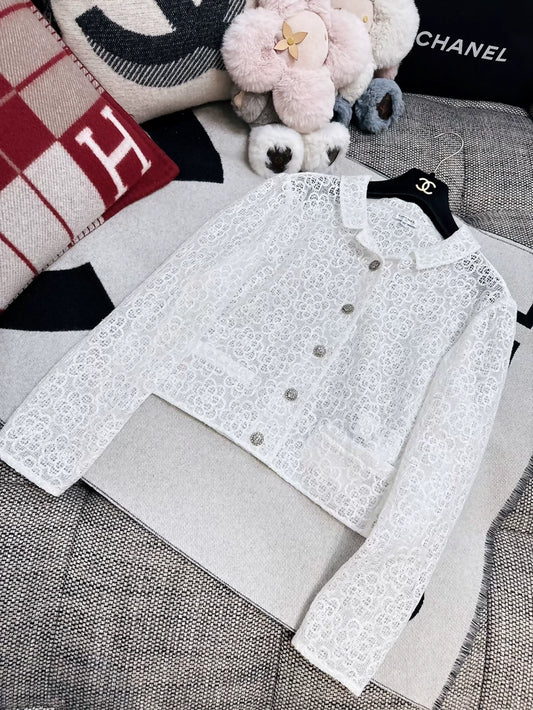 Chanel 24S white lace sequined camellia jacket