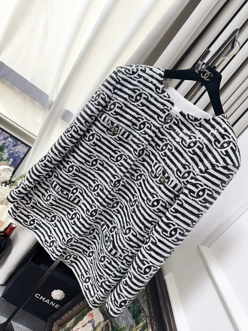 Chanel 22S black and white striped tweed jacket