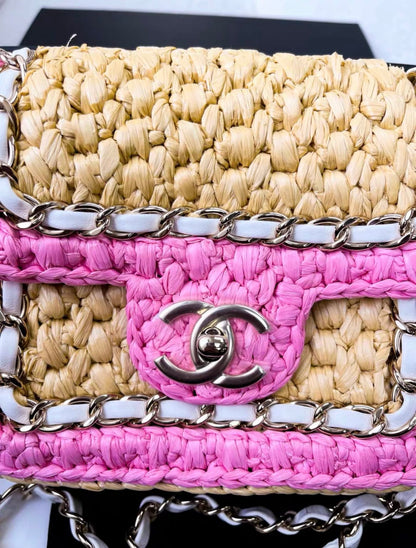 Rare Chanel 24C Mini Flap Bag Pink Raffia Effect Braid/Metal