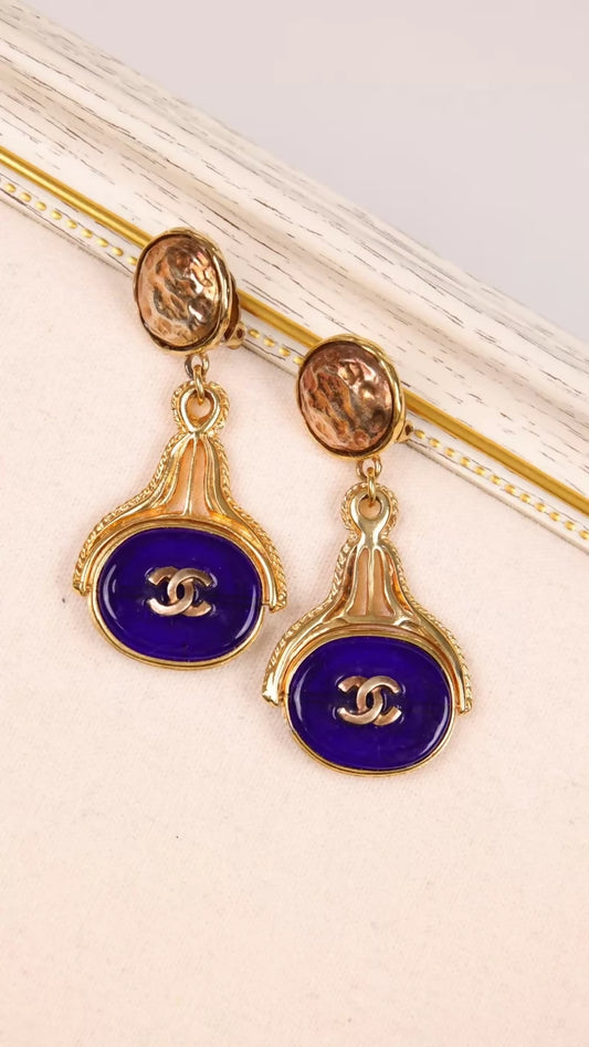 Chanel 1993 Blue Oval Glass Pendant Earrings
