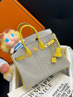 Hermès Birkin 25 Gris Perle & Marigold Special Order (HSS) Matte Crocodile with Brushed Gold Hardware