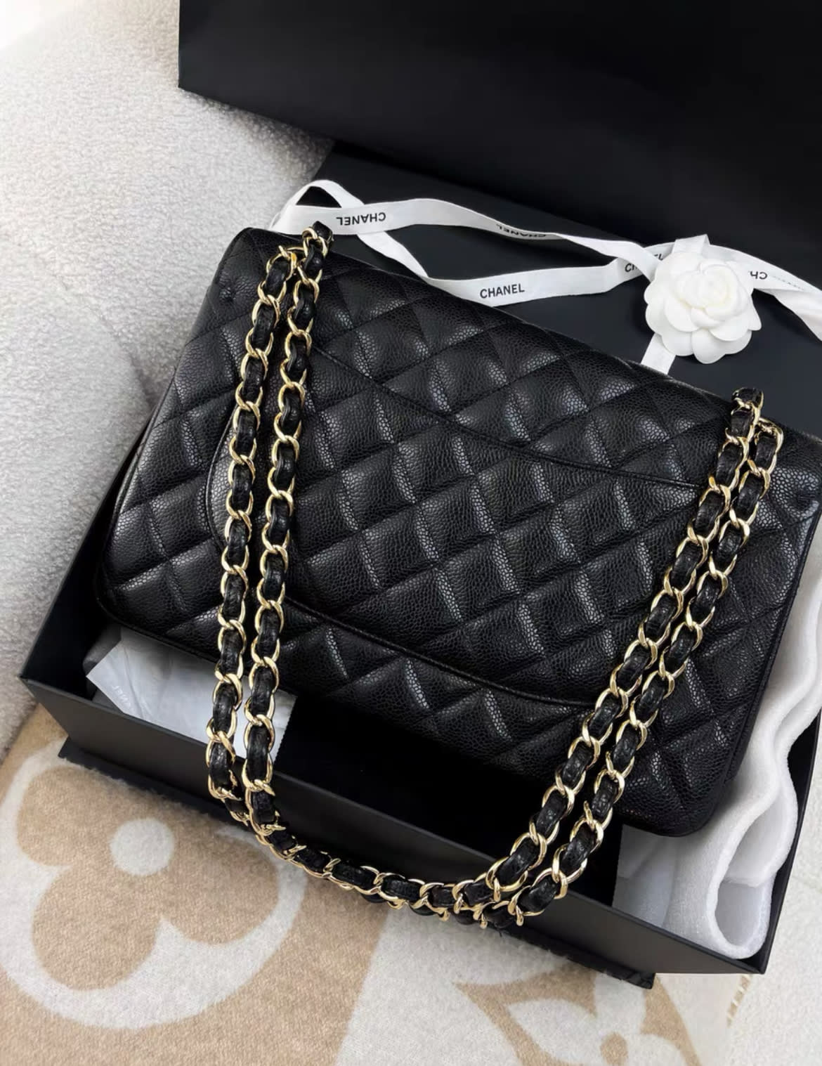 Chanel black lychee leather CF large jumbo chain bag