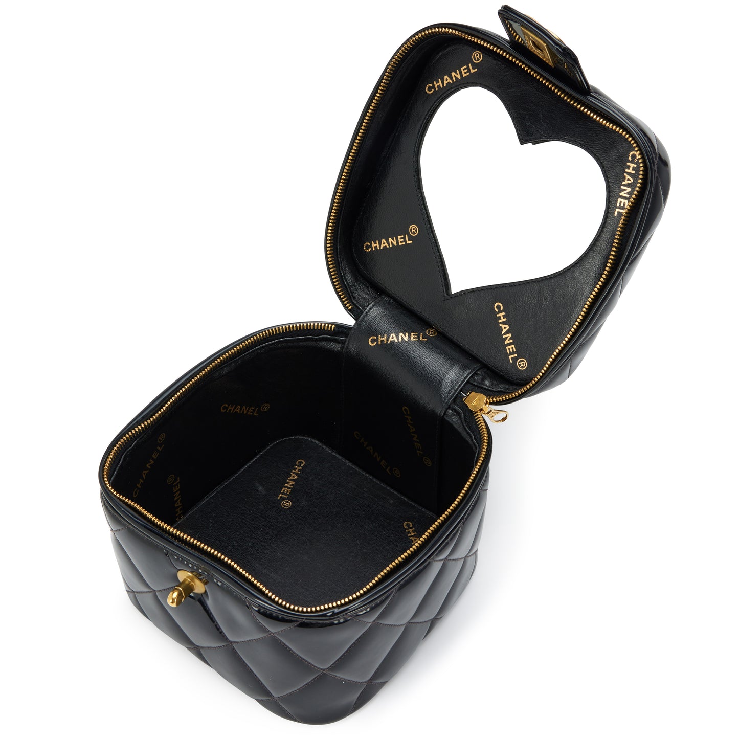 Chanel 1995 Black Quilted Patent Barbie Heart Mirror Vanity Case Bag Gold Hardware