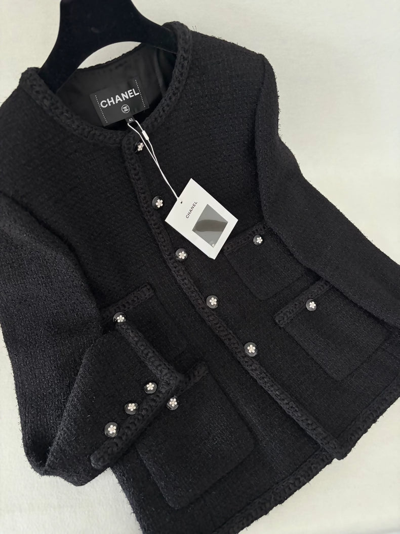 Chanel 23K Black Camellia Rhinestone Button Tweed Four-Pocket Jacket