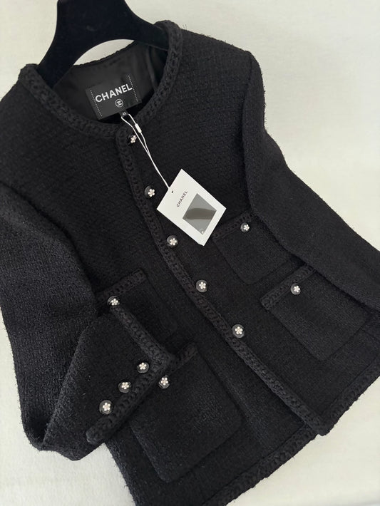 Chanel 23K Black Camellia Rhinestone Button Tweed Four-Pocket Jacket