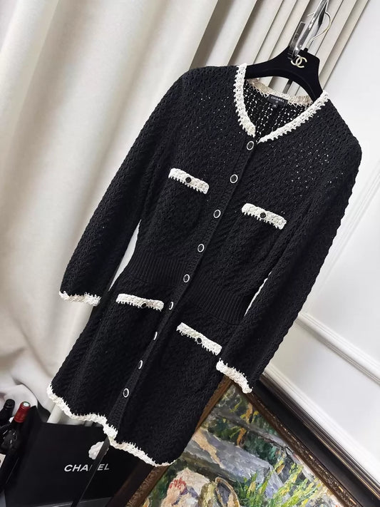 Chanel 22C Black and White Woven Camellia Button-Down Dress