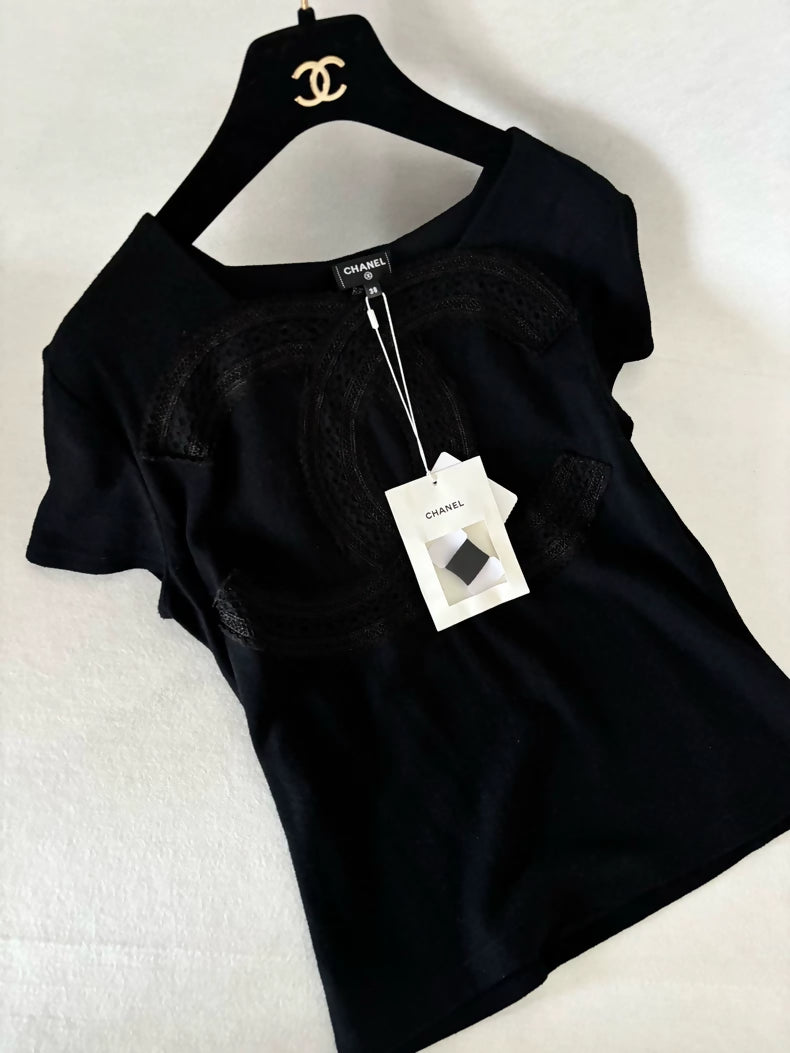 Chanel 24K Black Large Double C Lace Logo T-Shirt