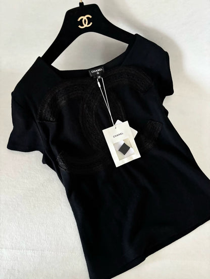 Chanel 24K Black Large Double C Lace Logo T-Shirt