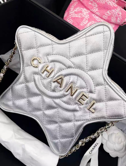 24C Chanel Silver Metallic Lambskin  STAR Logo Runway Bag NWT