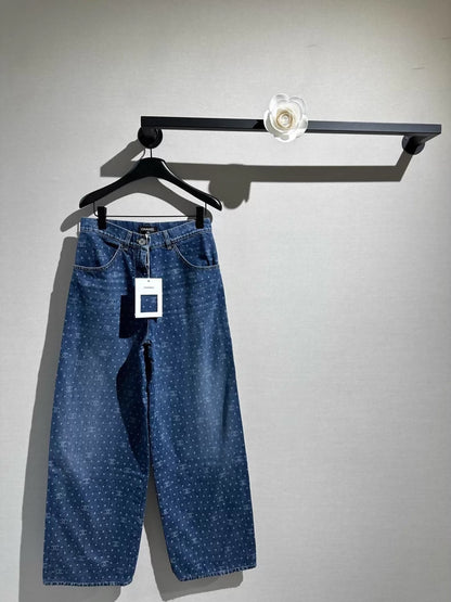 Chanel 23P blue polka dot double C wide-leg jeans
