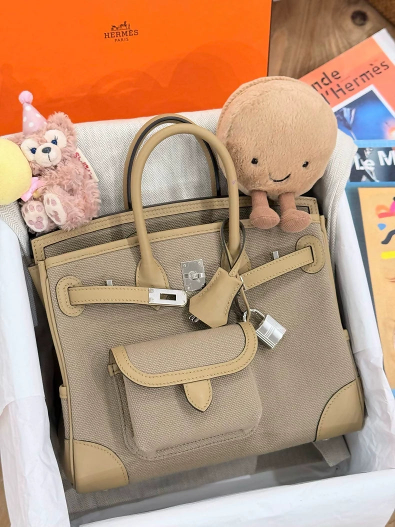 HERMES BIRKIN 25 CARGO TOILE GOELAND/SWIFT BEIGE MARFA/POUSSIERE PALLADIUM HARDWARE