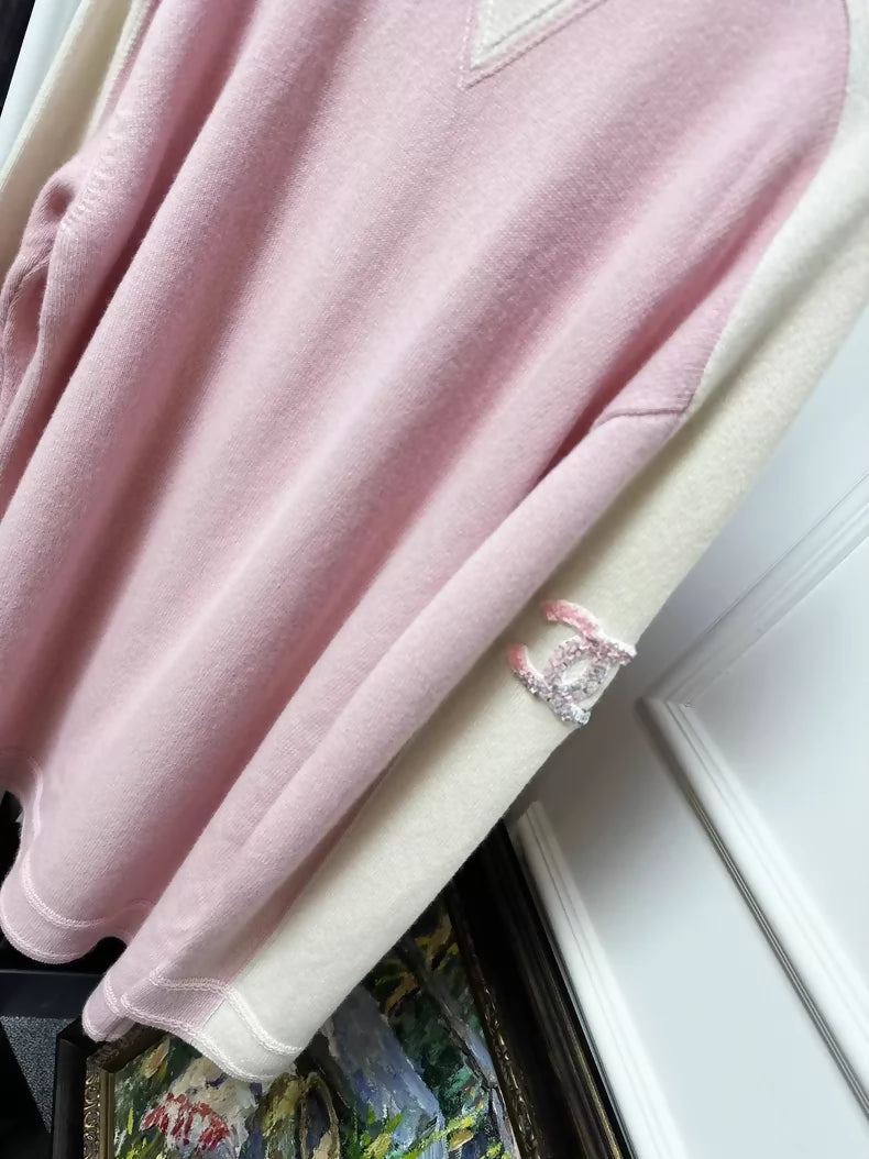 Chanel 24C pink and white cashmere knit dress with double C sequined logo badge