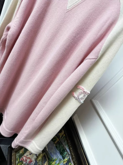 Chanel 24C pink and white cashmere knit dress with double C sequined logo badge