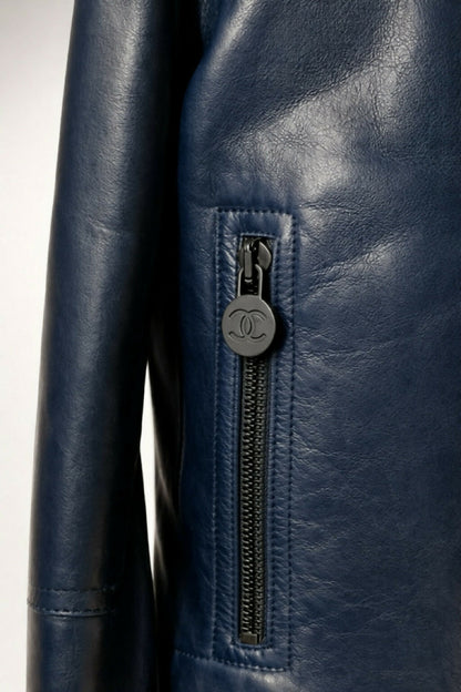 Chanel 12P Dark Blue Petrol Quilted Leather Biker Jacket FR 36