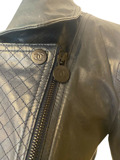 Chanel 12P Navy Blue Petrol Quilted Leather Biker Jacket FR 36