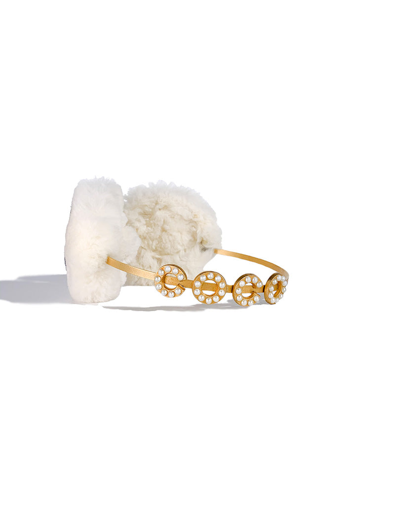 CHANEL 01A CC Logo Earmuffs Black Gold Pearl Fur