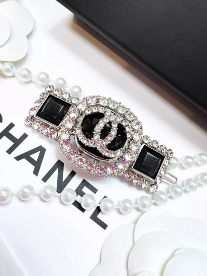 Chanel 20K black and white full diamond logo gemstone silver hair clip