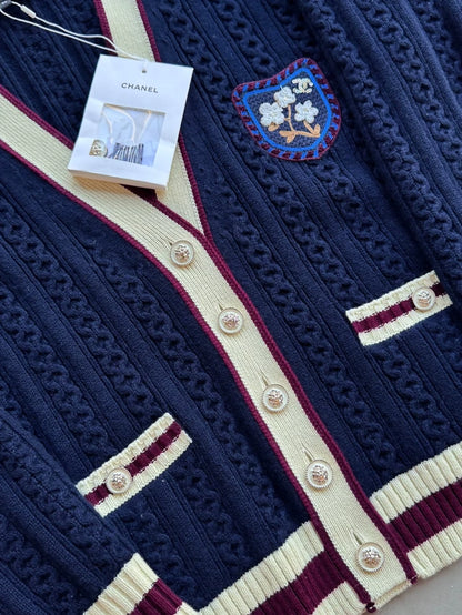 Chanel 26C Navy Blue V-Neck Lion Button Knit Cardigan