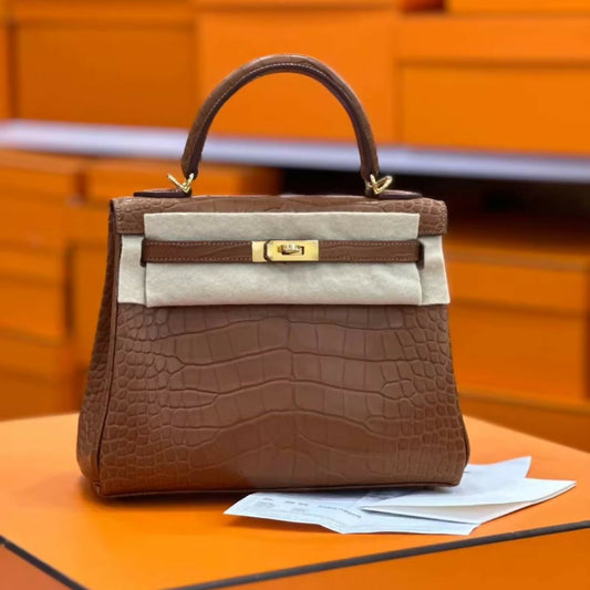 Hermès Kelly 25 Matte Gold Brown Crocodile with Gold Hardware