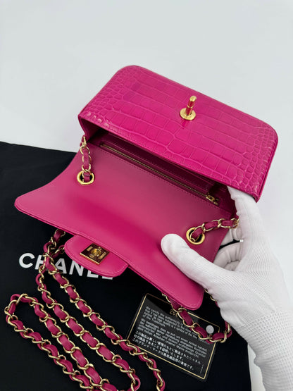 Chanel 2018-2019 Alligator Bright Pink Classic Flap Bag with Gold Hardware