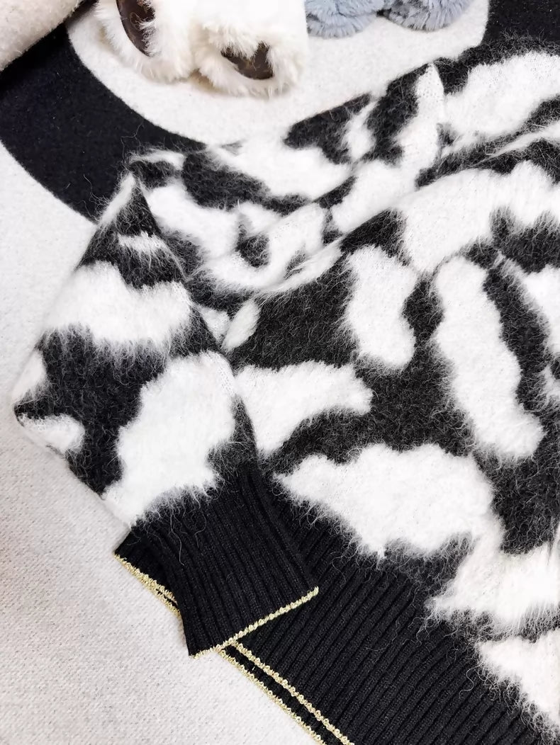 Chanel 20A Black and White Camellia Mohair Sweater with Gold Buttons