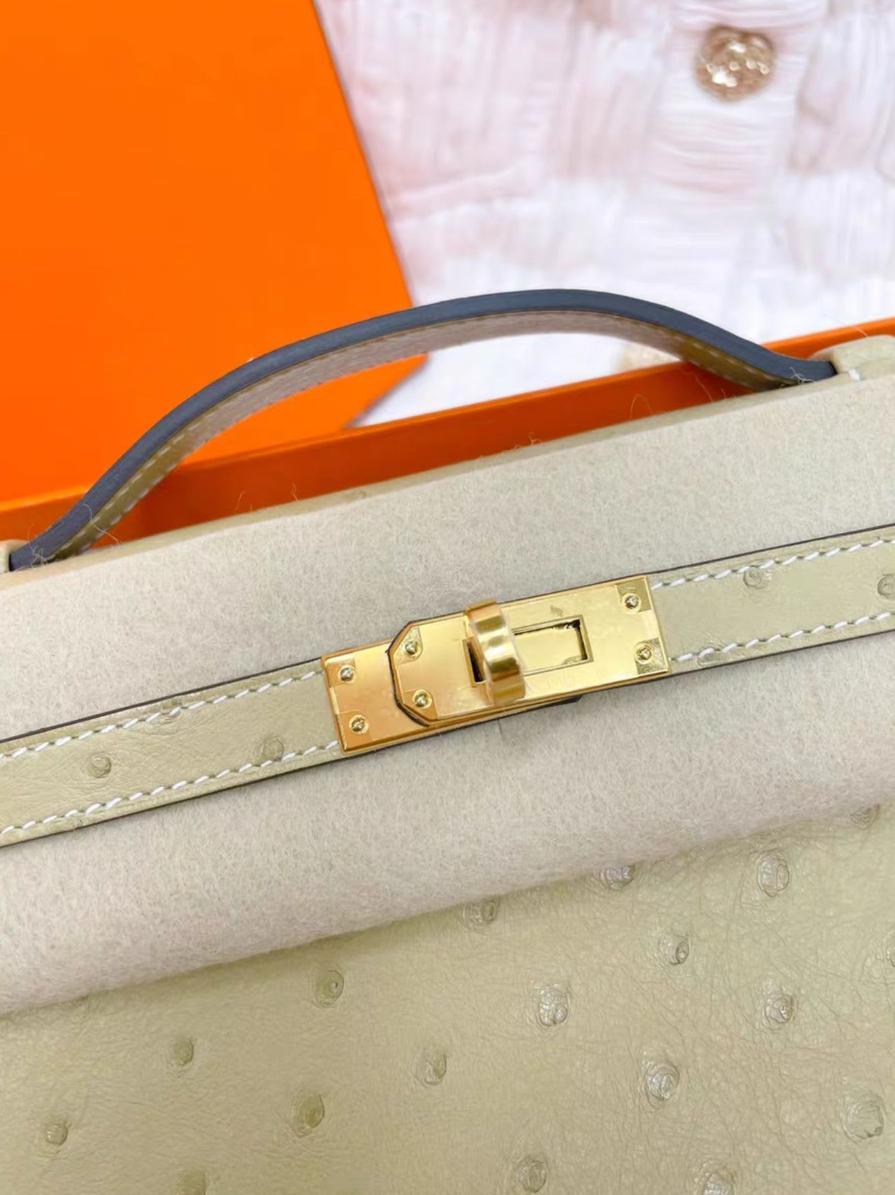 Hermes mini kelly generation ostrich leather S2 gray gold